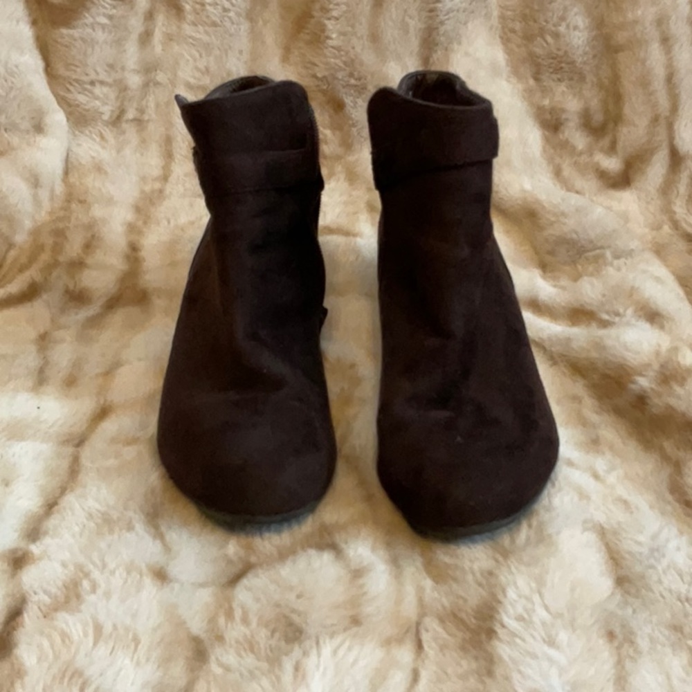 Brown suede booties.  Wedge heel